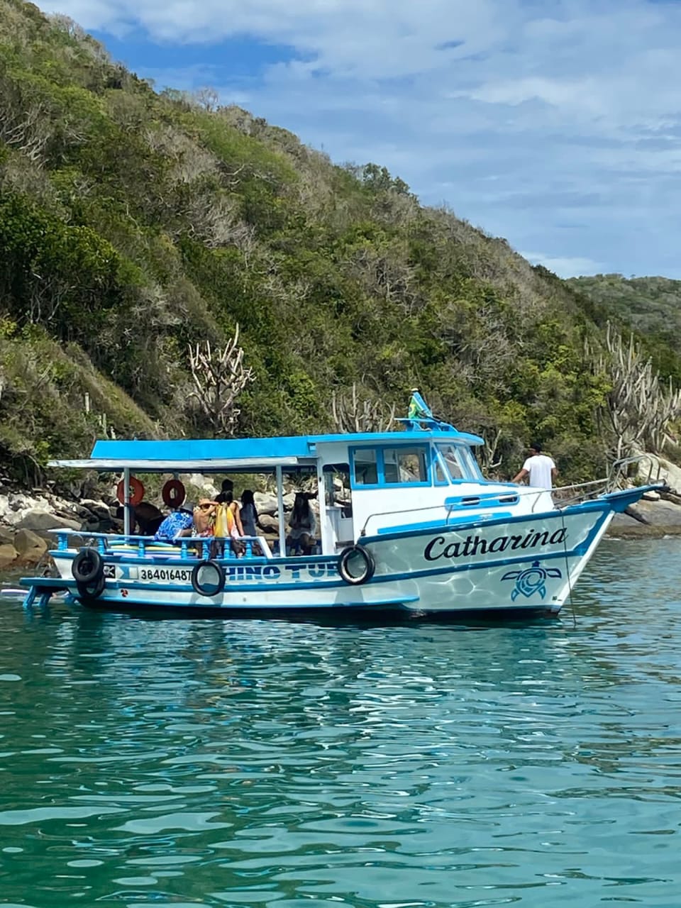 Embarcação azul navegando próxima às pedras e à vegetação costeira